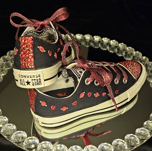 Custom Black Converse With Red Roses And Rhinestones - Picture 2 of 2